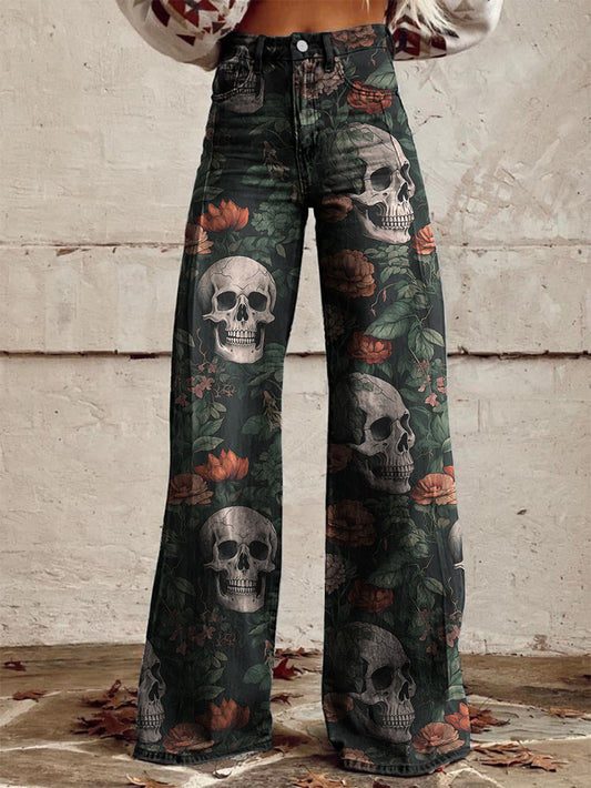 Orange Small Flower Skull Print Wide-Leg Pants