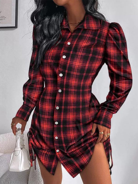 Fashion Brushed Plaid Long Sleeve Shirt Skirt