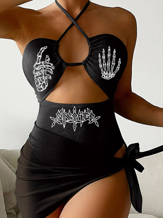 Skull Hand Printing Swimsuit Three-Piece Suit