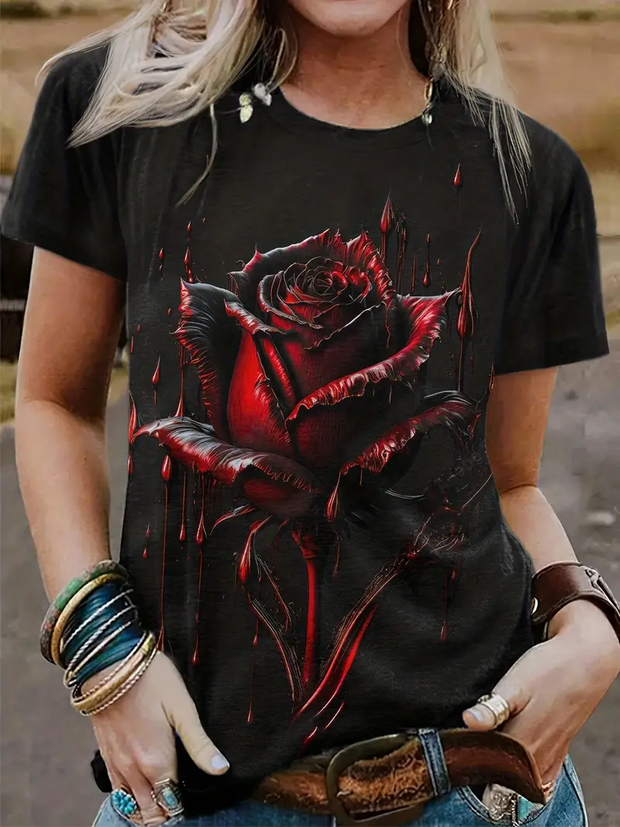 T-shirt gothique à manches courtes avec imprimé roses et gouttes de sang 