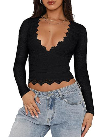 Sexy Women's Lace Hollow V-neck Knitted Long Sleeves