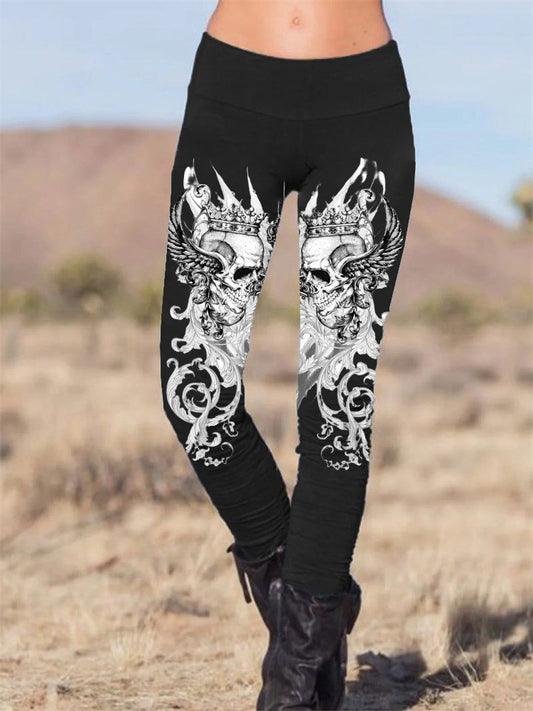 Gothic Crown Skull Wings Printed Slim Fit Pants