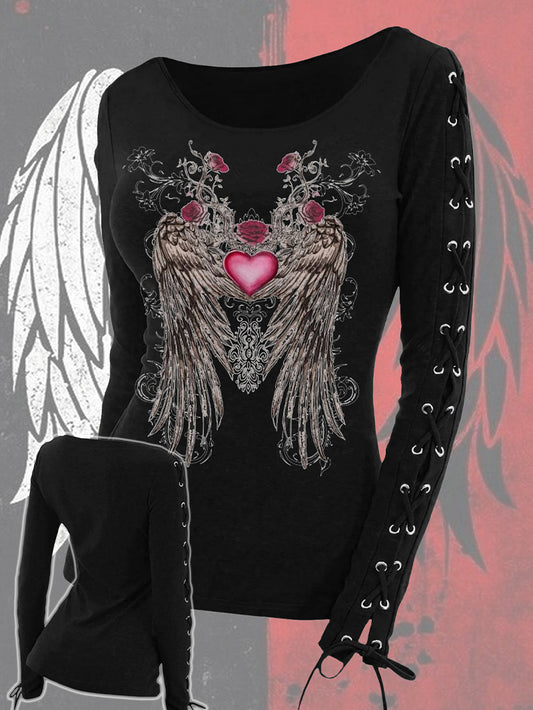 Fashion Gothic Rose Angel Wings Black Slim Fit Strap Long-Sleeved T-shirt