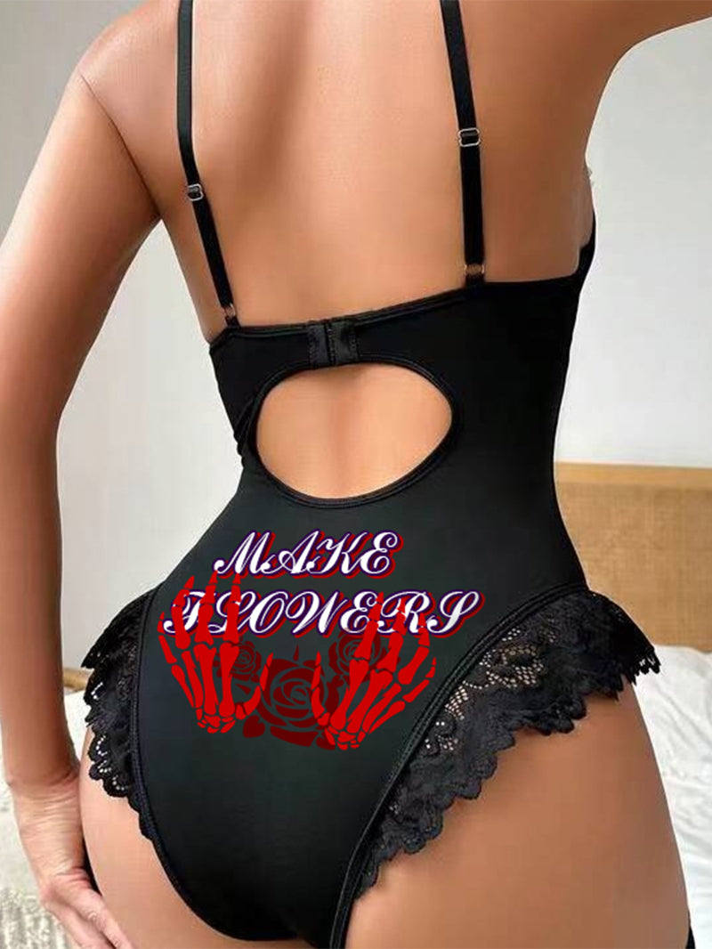 Sexy Gothic Skull Hand Rose Lace Strap Tight One-Piece Nightdress