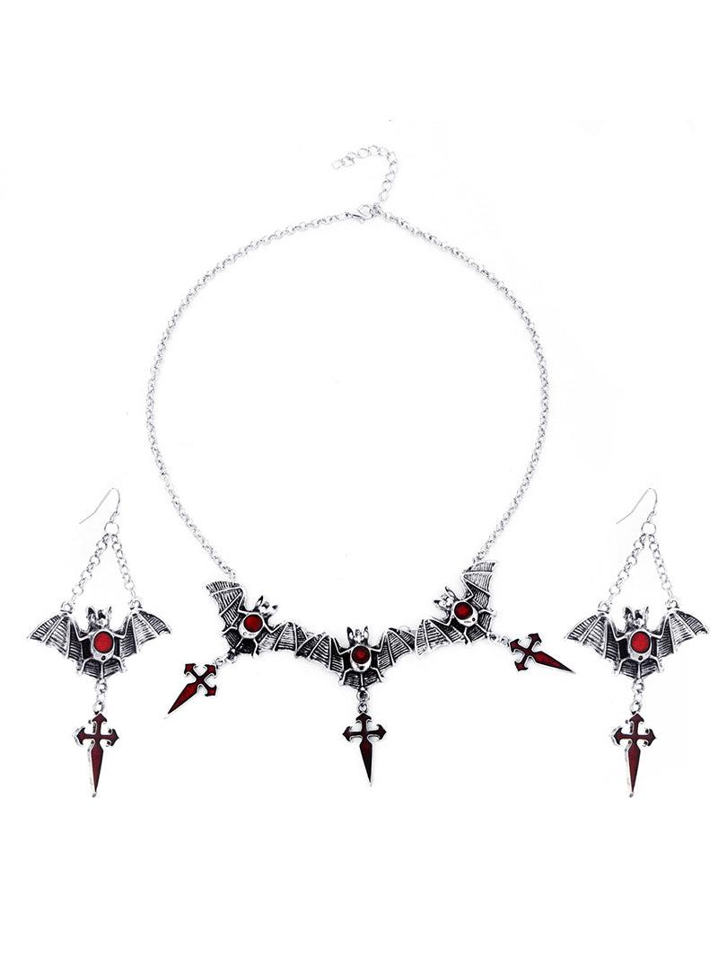 Halloween Gothic Water Drop Bat Cross Earrings and Necklace Set