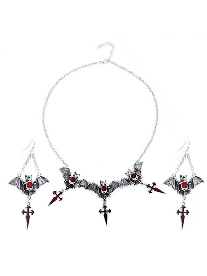 Halloween Gothic Water Drop Bat Cross Earrings and Necklace Set