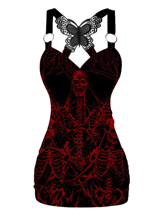 Gothic Skull Printed V-neck Sexy Butterfly Back Dress