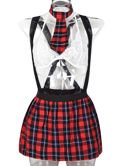 Sexy Lace Bra Cross Strap Tartan Skirt Suit