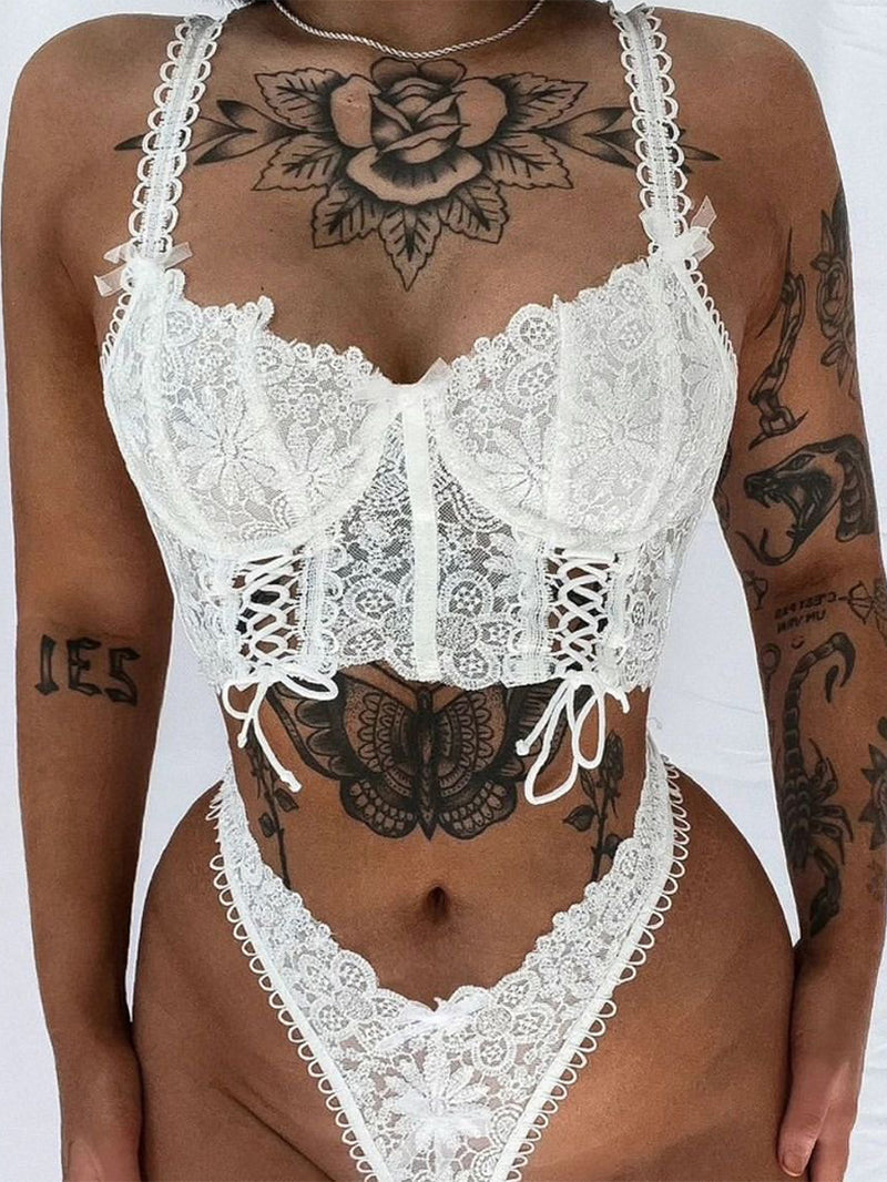 Sexy Handmade Self-Tie Lace Stitching Underwear Suit