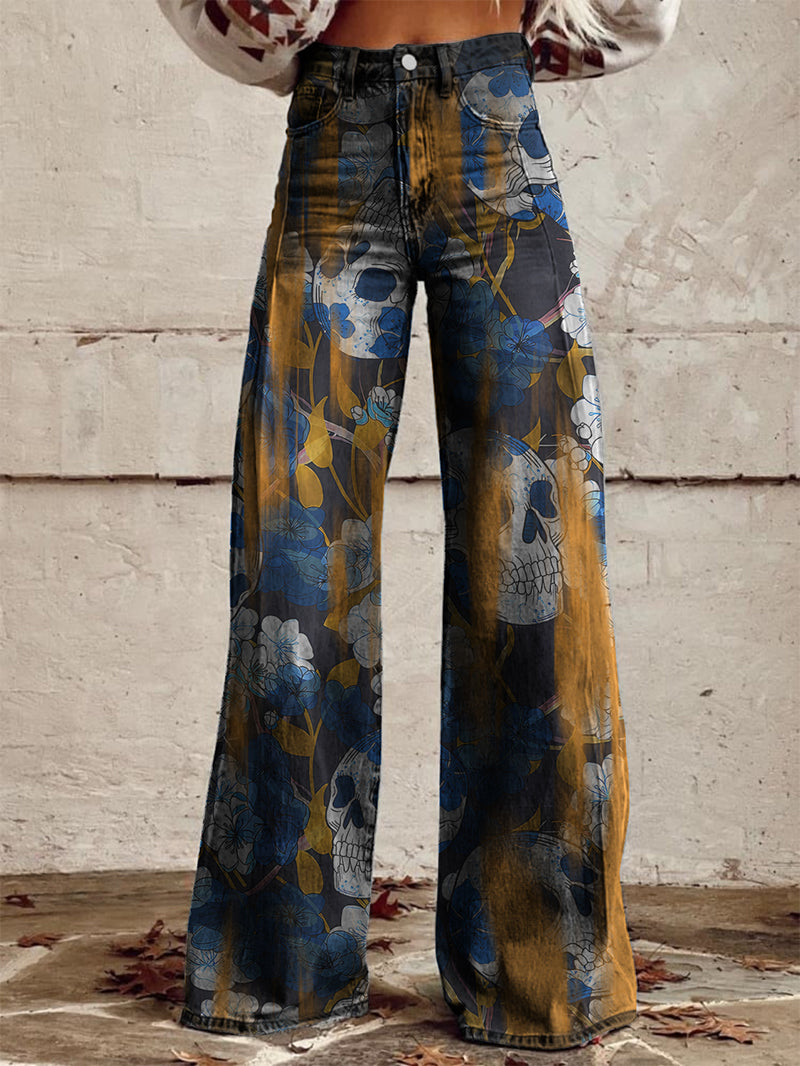 Art Quicksand Blue Flower Skull Print Wide-Leg Pants