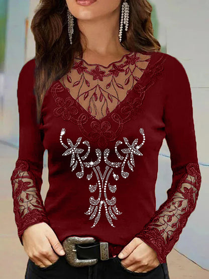 Rhinestone Flower Print Sexy Deep V Lace Neck Long Sleep T-Shirt