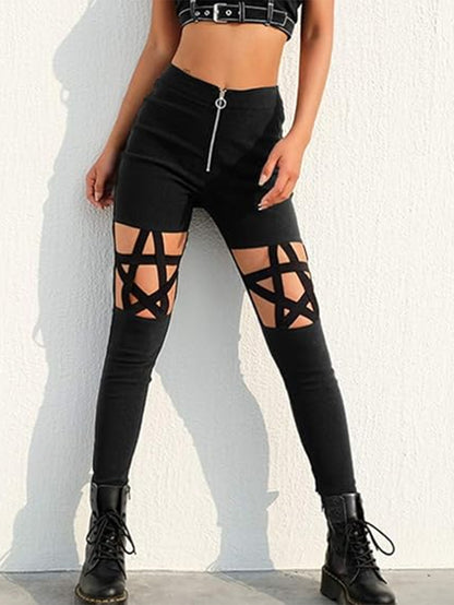 Fashion Women's Wear Five-Pointed Star Hollow Zipper Trousers