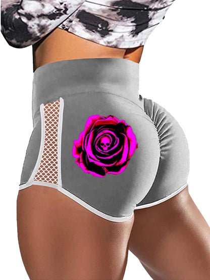 Purple Fluorescent Rose Skull Print Sports Shorts