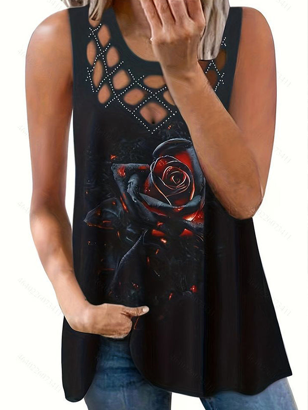 Flame Black Rose Printed Sexy Hollow Hot Drilling Vest