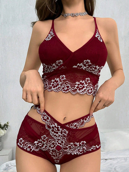 Sexy Lace Color Matching Cross Sling Set