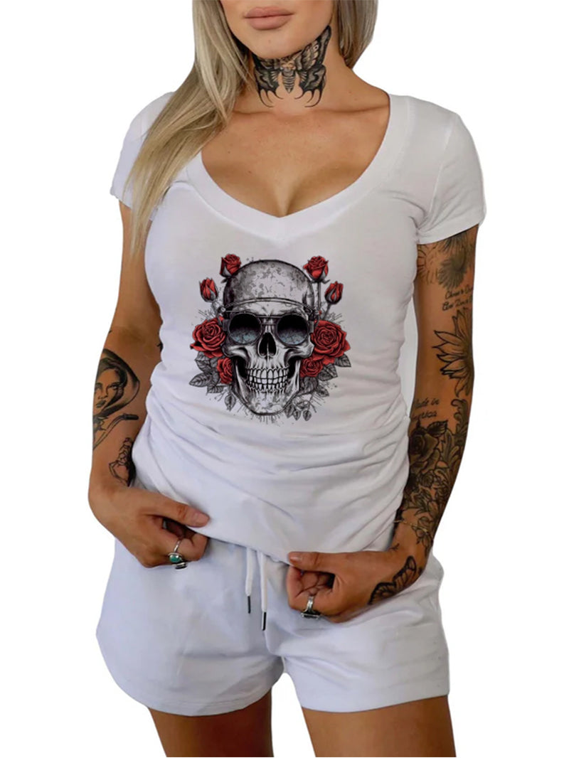 Women's Sunglasses Skull Rose Printed Casual T-shirt Top Short Sleeve