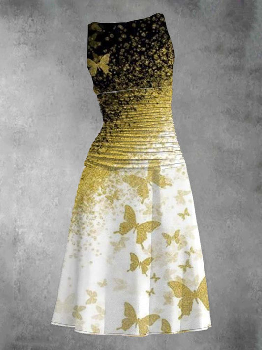 Golden Butterfly Printed Pleated Vest Dress