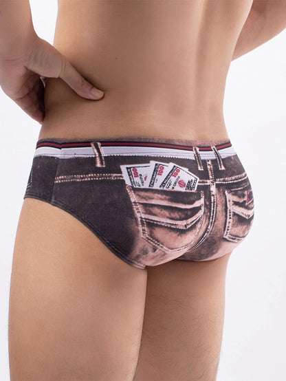 Men's Sexy Low Waist Briefs Printed Imitation Denim Underwear