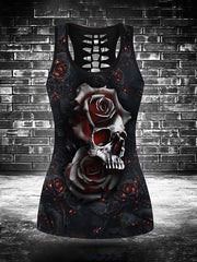 Black Flower Red Skull Print Hollow Vest