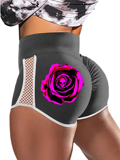 Purple Fluorescent Rose Skull Print Sports Shorts