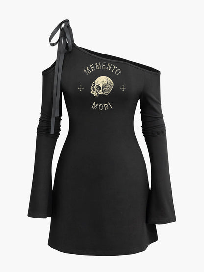 Memento Mori Print Shoulder Lace-up Diagonal Collar Dress