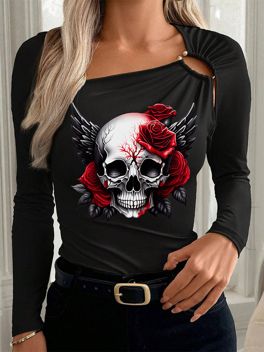 Women's Golden Rose Skull Wings Gold Buckle Long Sleeve T-shirt