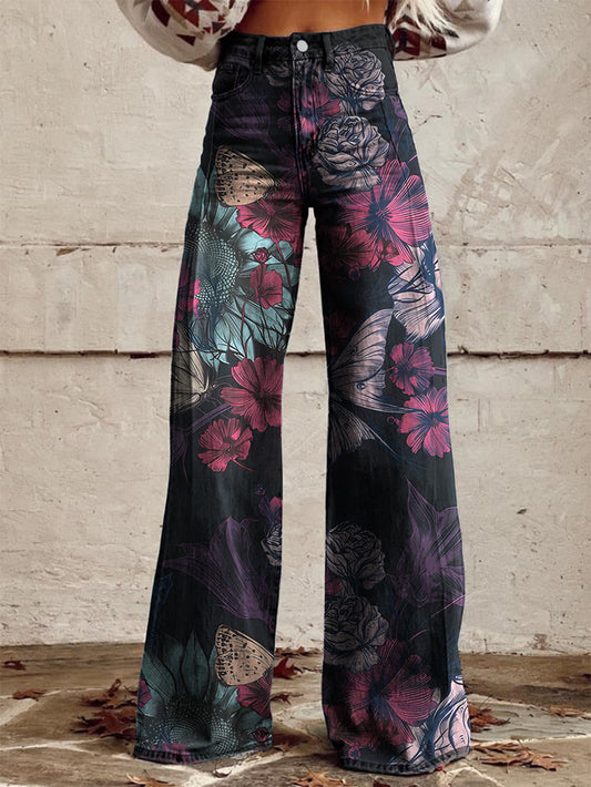 Colorful Flowers Butterfly Print Wide-Leg Pants