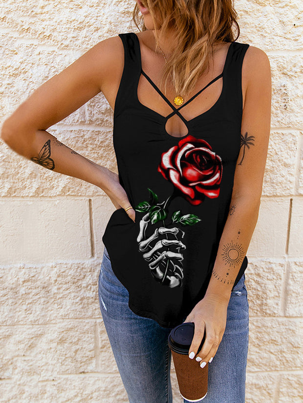 Skeleton Hand Holding Rose Print Cross Sexy Sling Vest