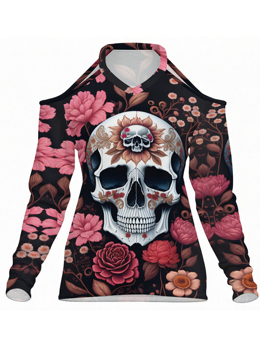 Flower Blooming Skull Print off-Shoulder Brands Long Sleeve Top