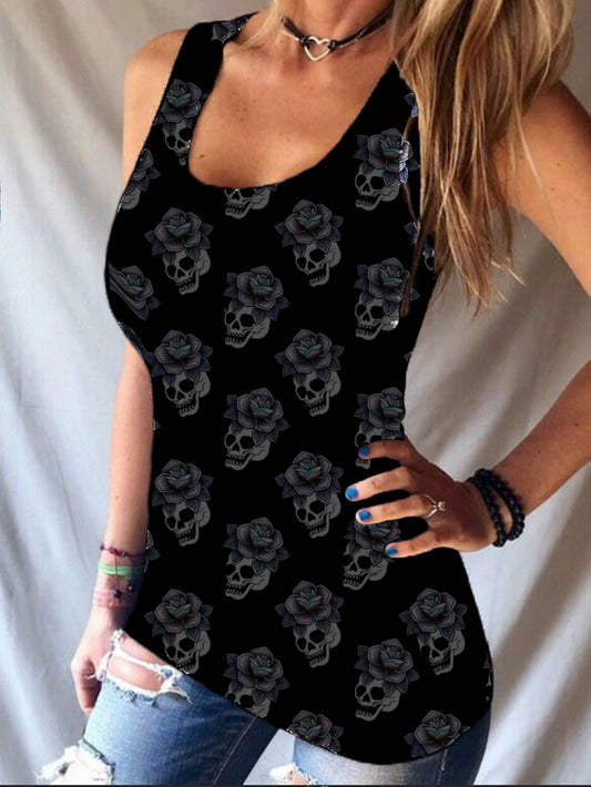 Skull & Rose Print Sleeveless Vest