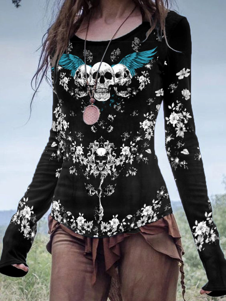 Skull Wings Printing Long Sleeve T-shirt