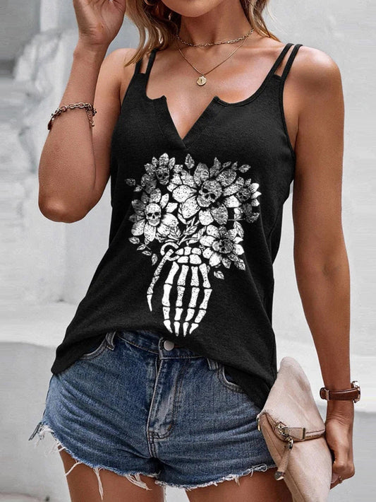 Sun Skull Flower Print V-neck Sling Vest