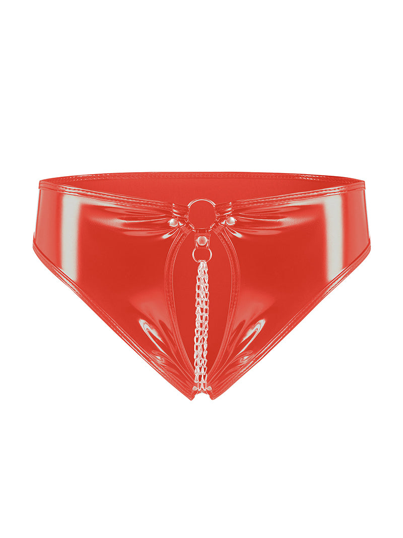 Sexy Patent Leather Hollow-out Pendant Chain Briefs