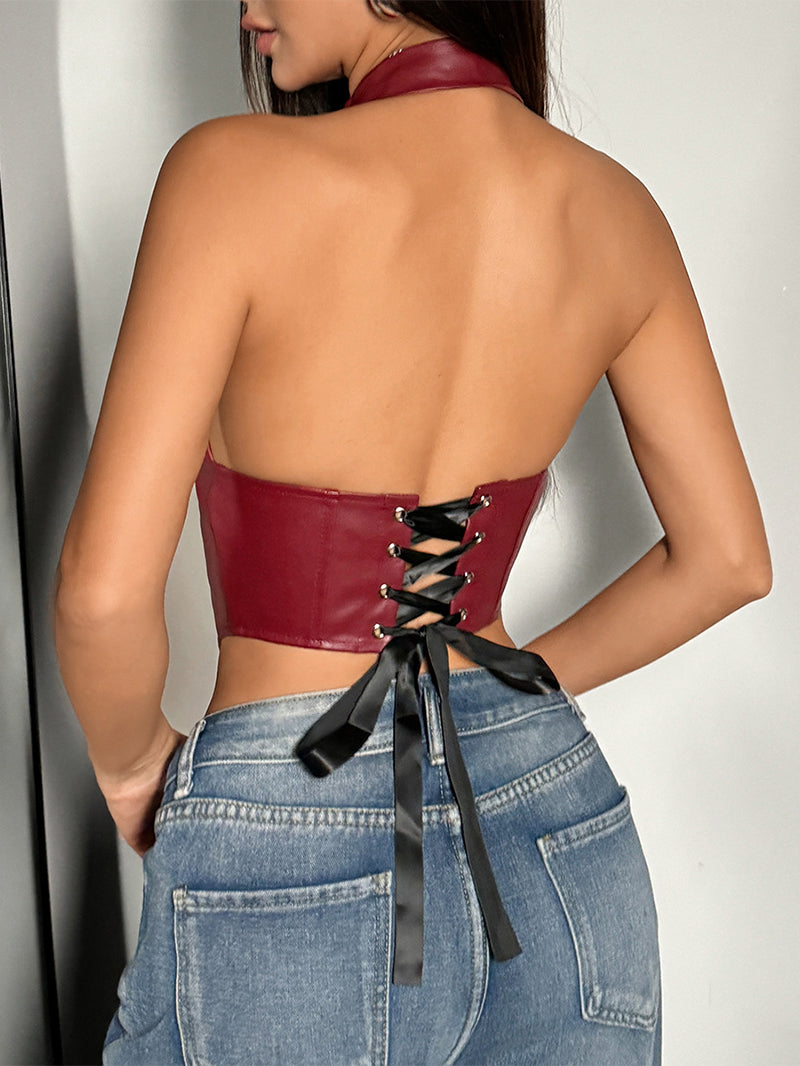 Sexy PU Leather Halter Row Button Diamond Top