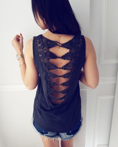 Sexy Back Hollow-out Lace Stitching Vest