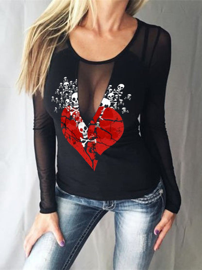 Skull Broken Heart Print Sexy See-through Gauzy Stitching T-shirt