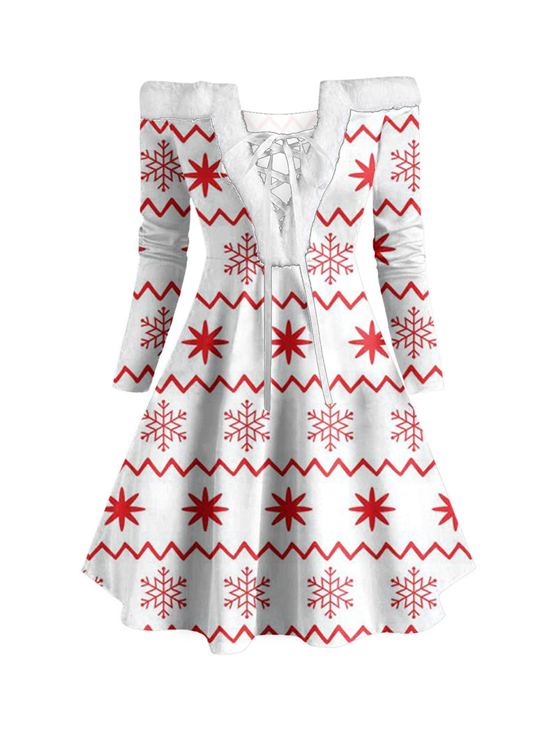 Christmas Printed Female Plush Collar Stitching Long Sleeve Tether Dress