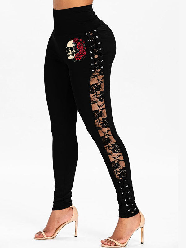 Skull Rose Print High Waist Lace up Lace Hip Lifting Stretch Leggings