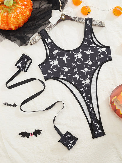 Sexy Gothic Style Skull Print Tight One-Piece Underwear