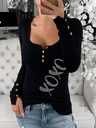 XO Letter Print Long Sleeve Button Tops