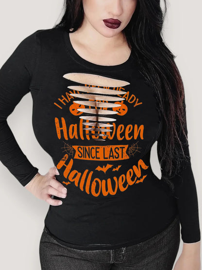 Quote Halloween Print Round Neck Long Sleeve T-Shirt