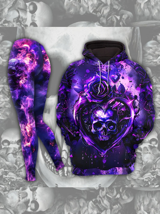 Women's Gothic Skull Love Rose Hoodie Pants Outfit