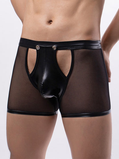 Men's Sexy Mesh Patent Leather Hollow Boxer Briefs