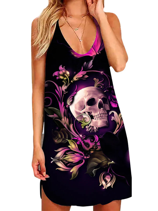 Sexy Skull Print Back Hollow Dress