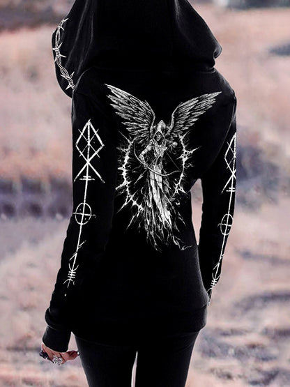 Women's Dark Skull Angel Symbol Full Printed Hoodie