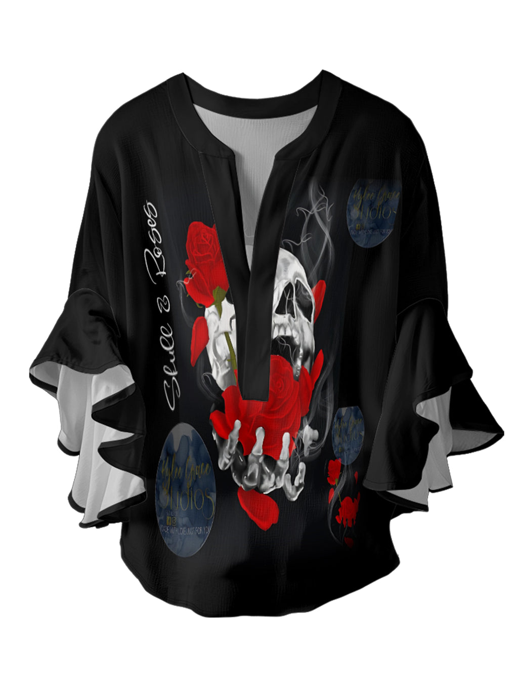 Skull Head V-neck Ruffle Blouse