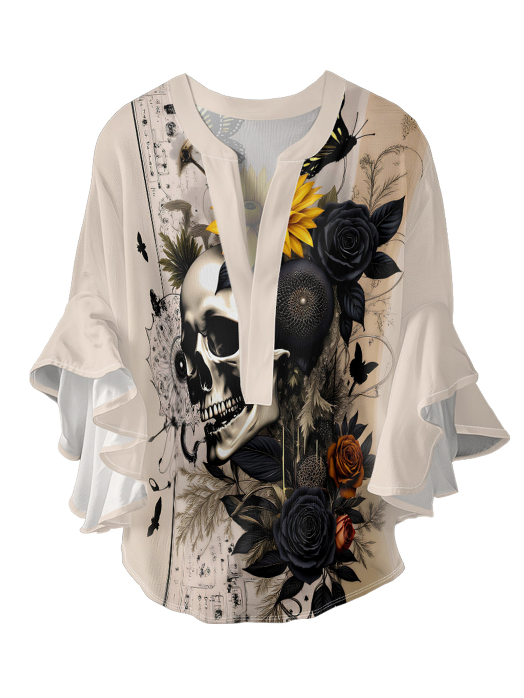 Flower Burial Skull V-neck Ruffle Blouse