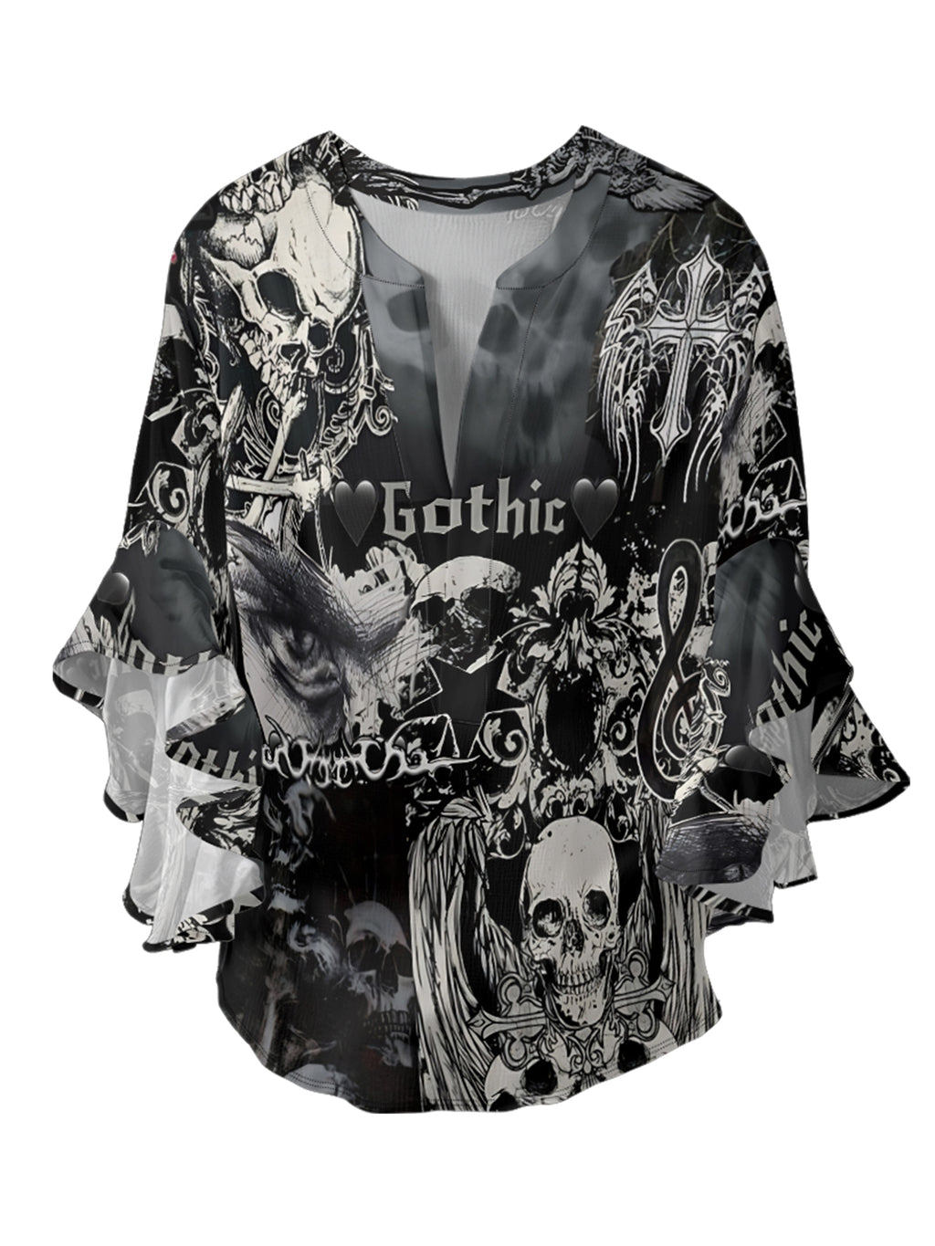 gothic winged skull V-neck Ruffle Blouse