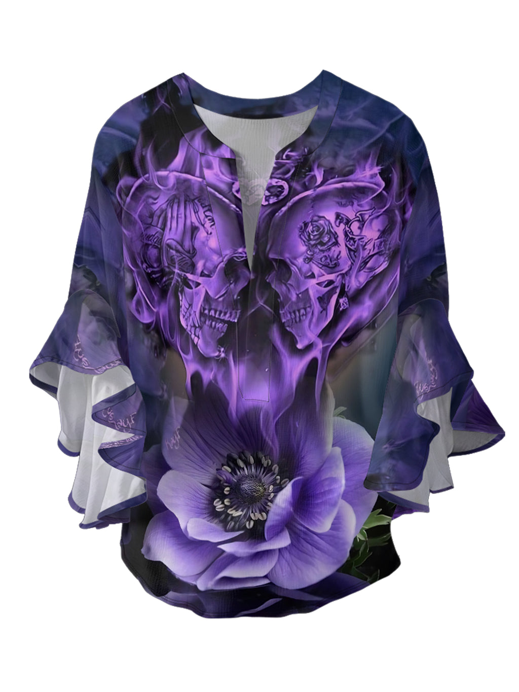 Lotus Twin Skulls V-neck Ruffle Blouse