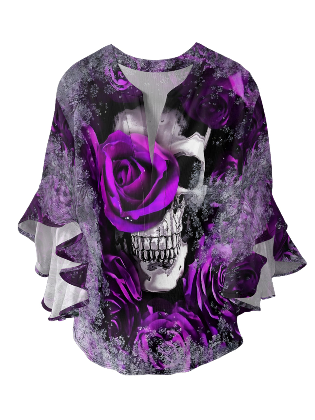 Purple Rose Skull V-neck Ruffle Blouse